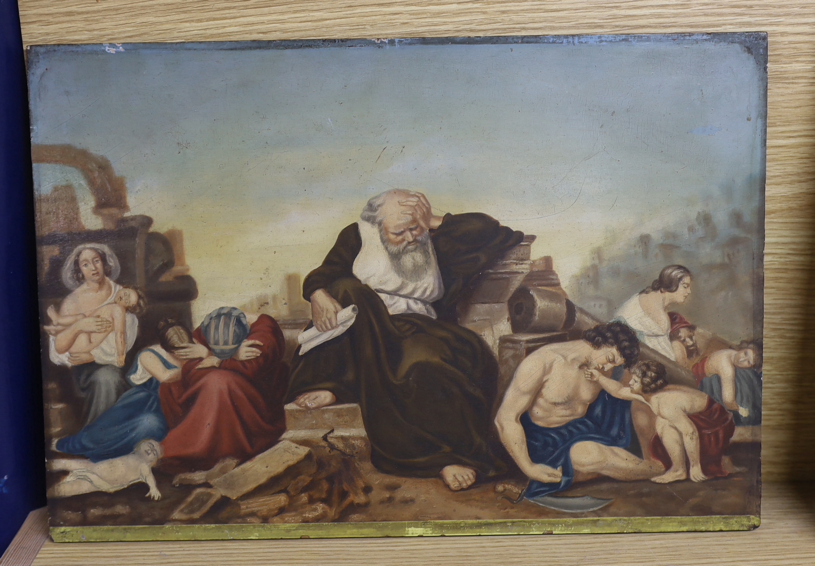 After Eduard Bendemann (German, 1811-1889), oil on panel, Jeremiah seated in the ruins of Jerusalem, unsigned, 29 x 43cm, unframed